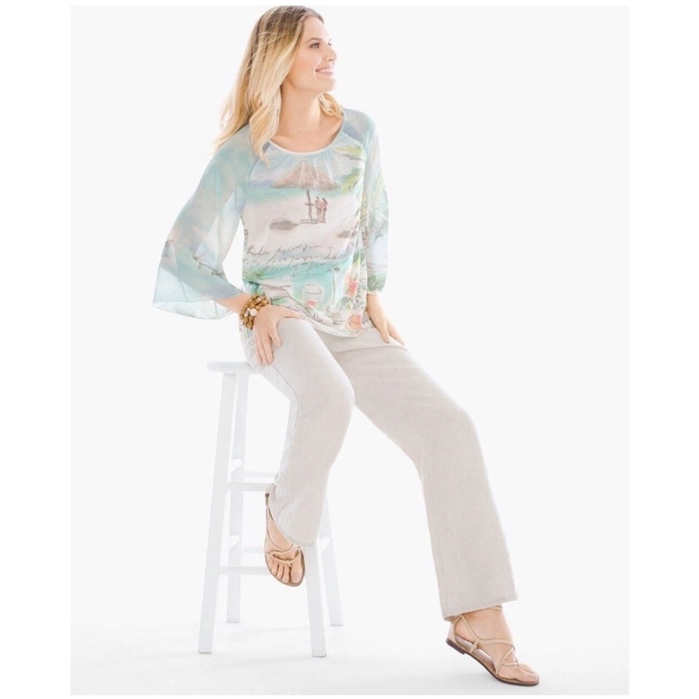 Chico's Beach Scene Sheer Sleeve Tropical Top Blouse sz XL